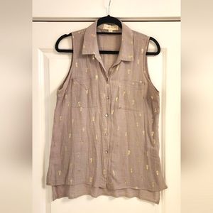 Sleeveless button up blouse linen-like cotton fabric